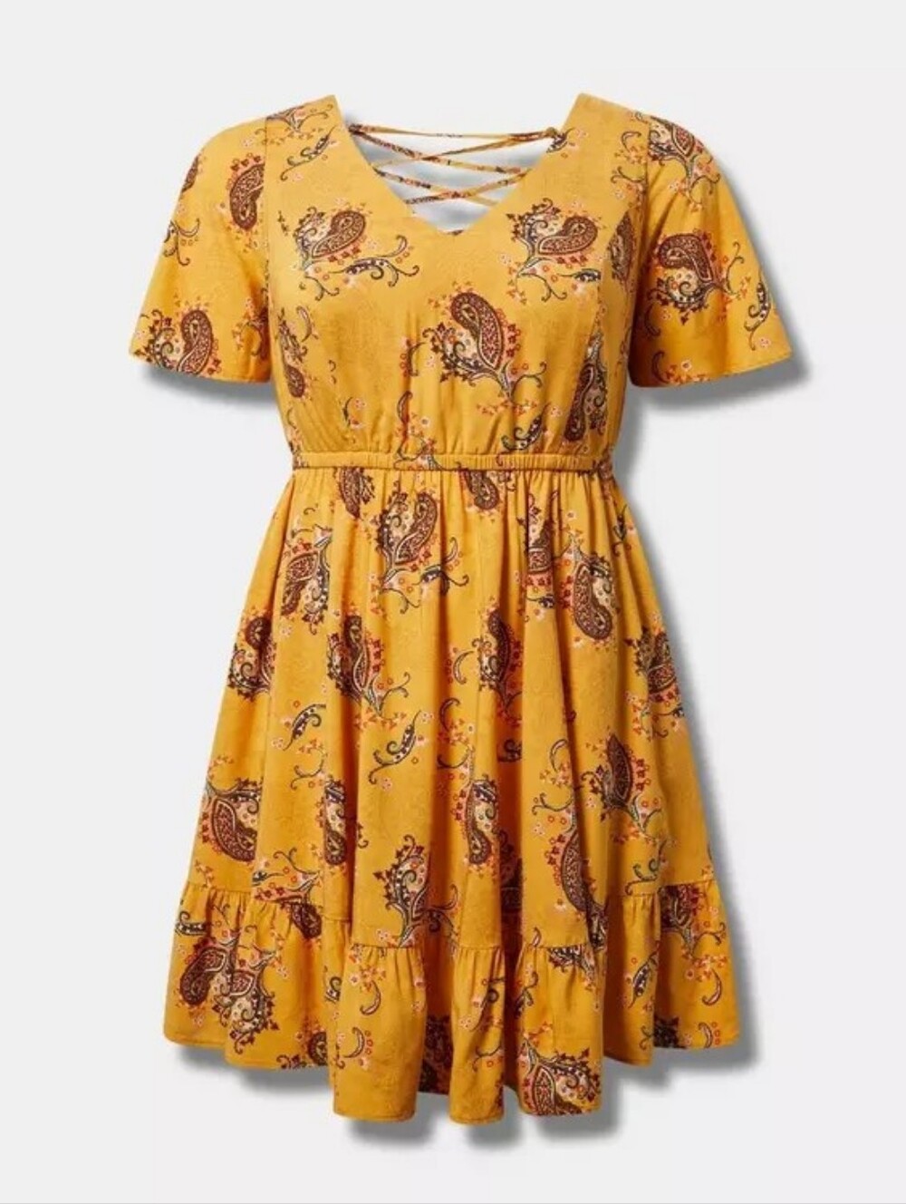 torrid Yellow Paisley Crisscross V-Neck Mini Dress